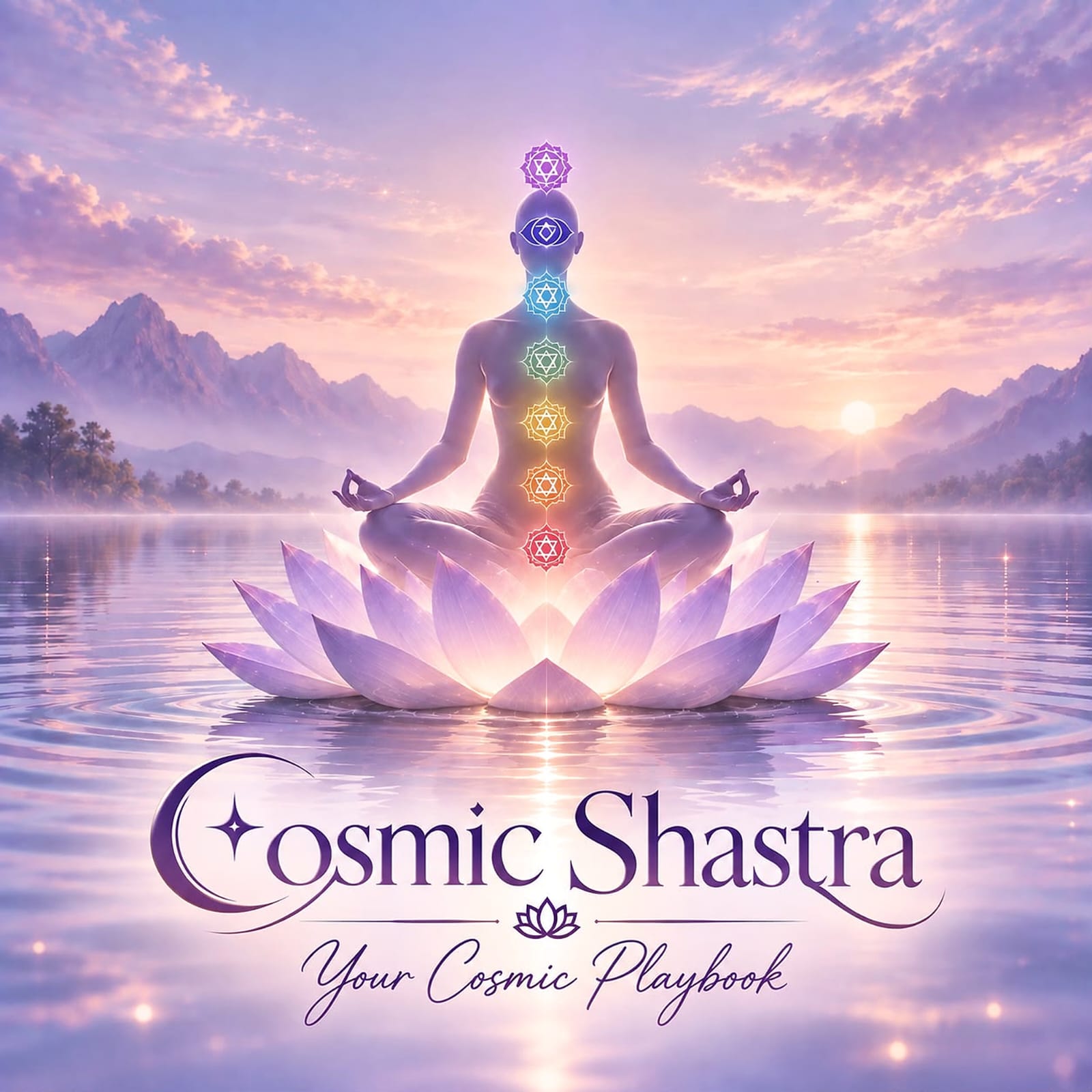 A meditating figure with illuminated chakras on a lotus, against a lavender mountain sunrise